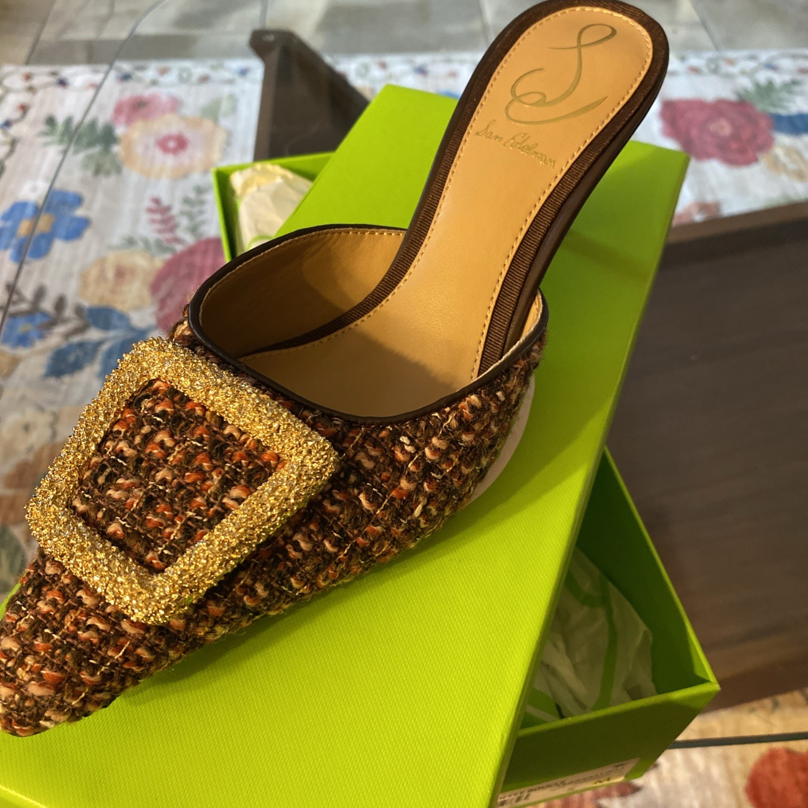 Sam Edelman Brit Shoes Womens Size 5 Coffee Boucle Tweed Gold Buckle Heels Mules