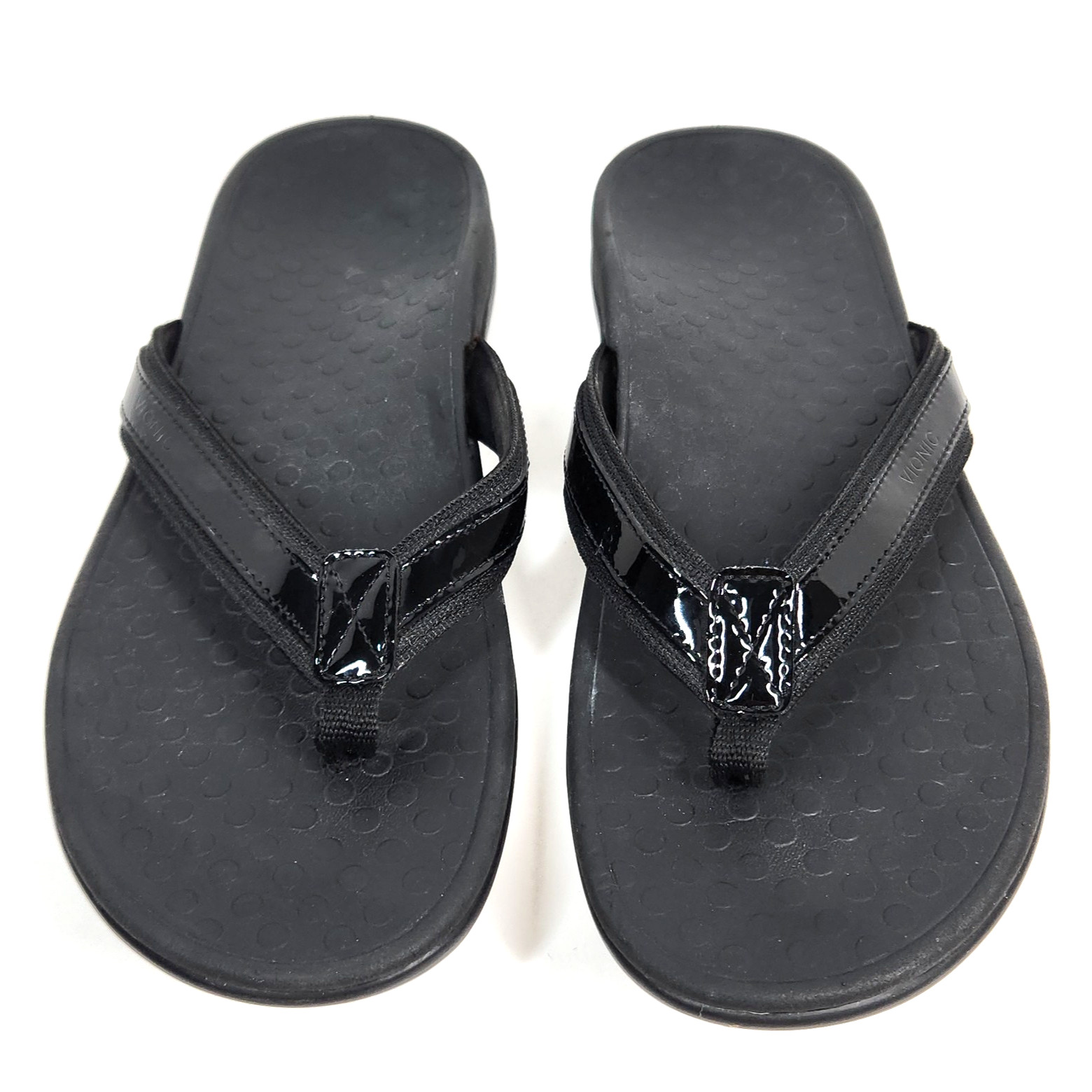 Vionic Tide II Flip Flop Sandal Women 12? Black Patent Leather Orthoheel Comfort