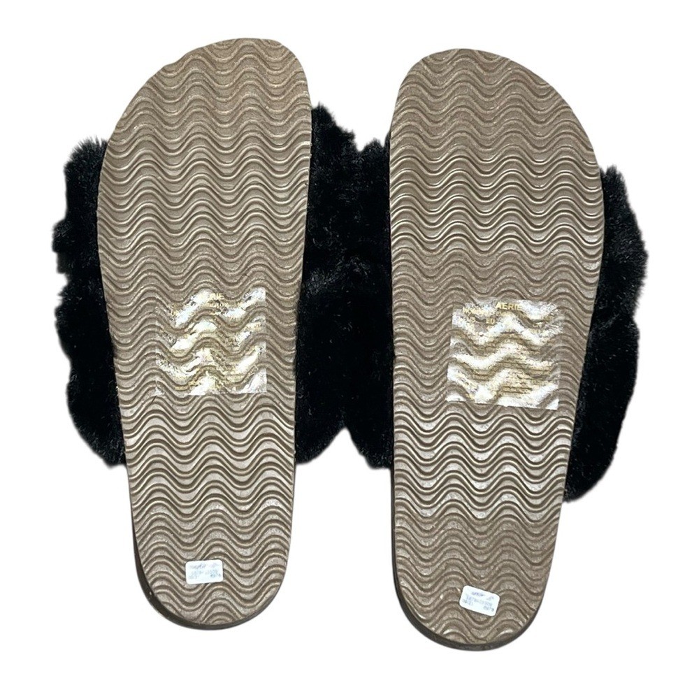 Aerie Black Cross Over Faux Fur Slippers Slip On Size 10 NWOT