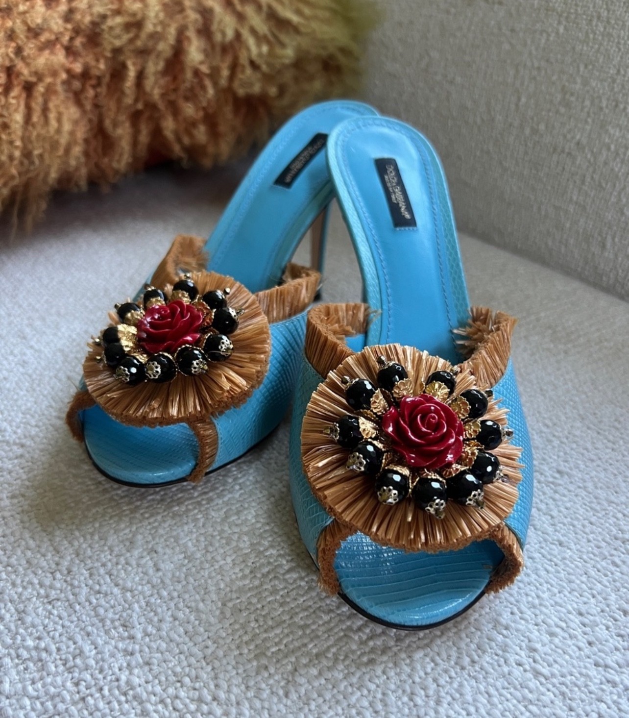 Dolce & Gabbana Iconic Raffia and Leather Peeptoe Mules. Size 41/US 11