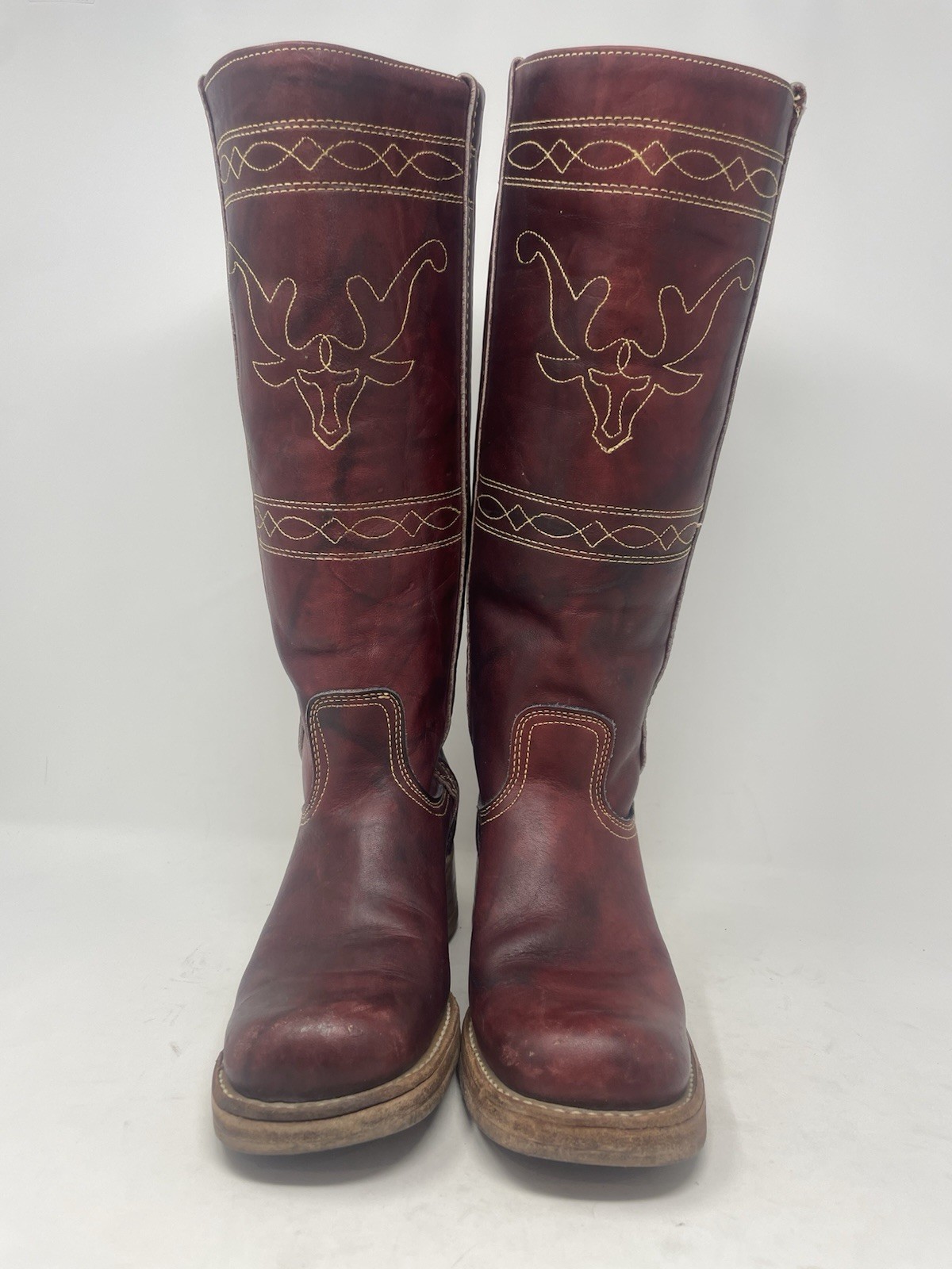 RARE Vintage 70s Frye Campus Boots Longhorn Stitched Burgundy 8 n Narrow
