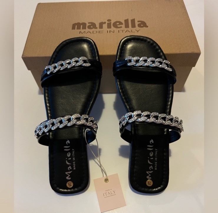 MARIELLA Made In Italy Silver Chainlink Black Flat Sandals, Size 7.5