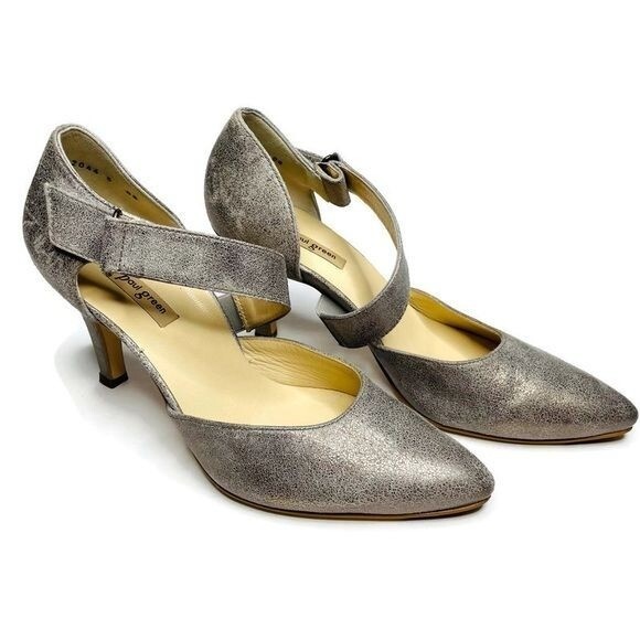 Paul Green Single Cross Strap Heels pumps Shoes Metallic glitter silver size 5
