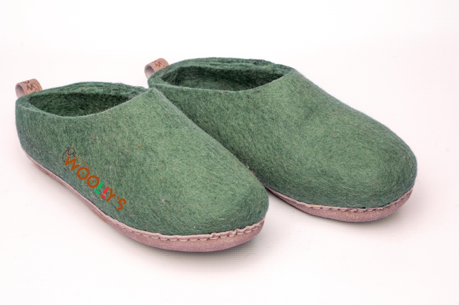 Woollyes Indoor Open Heel Slippers –Green | Pure New Zealand Wool | Leather Sole