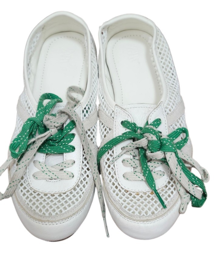 ZARA Mesh Ballet Flats White Green Lace-Up Shoes Women US 5 EU 36 Casual Summer