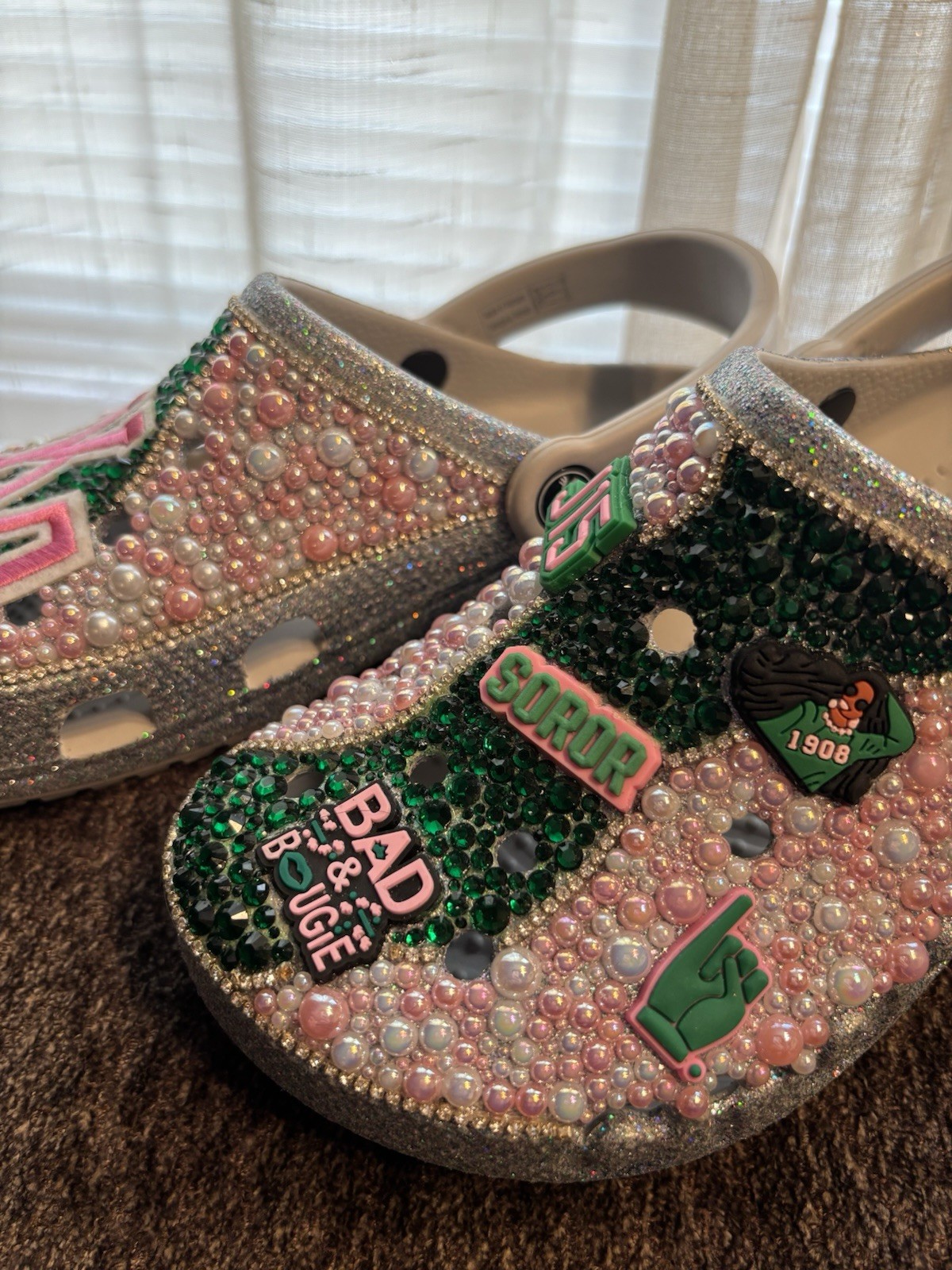 Custom bedazzled ‘AKA’ Silver Glitter Crocs (Pink N Green)