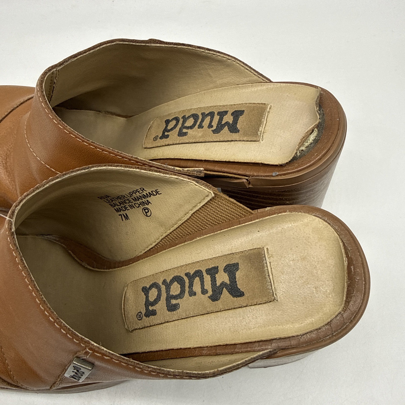 Mudd Mules 7M Brown Leather Square Toe Clogs Slide Chunky Platform Heels 90s Y2K