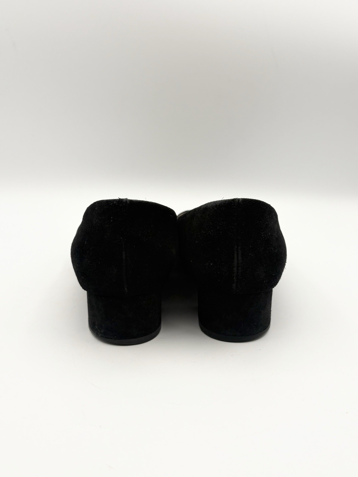 Chanel Black Suede Low Block Heels w CC Logo Cap Toe Accent Size EU 36