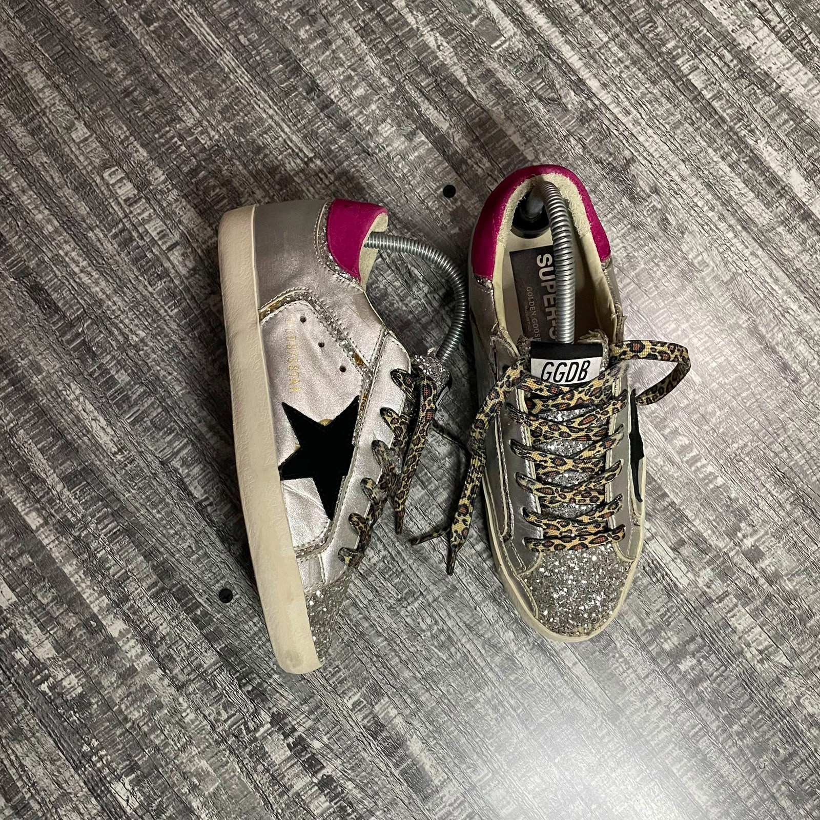 GOLDEN GOOSE SUPERSTAR SILVER GLITTER BLACK STAR PINK HEEL LEOPARD LACES EU 38