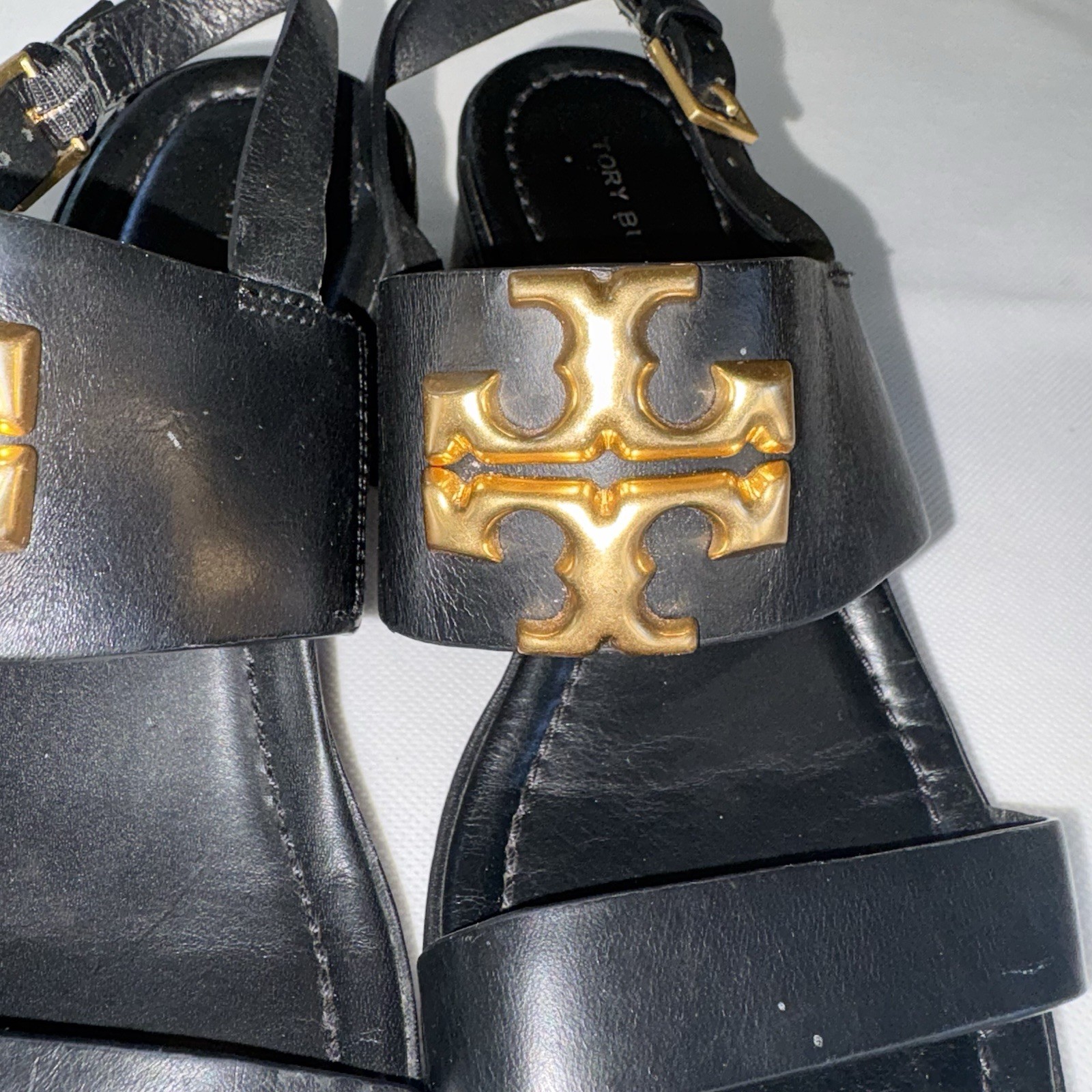 Tory Burch Eleanor Black Leather Block Heel Slingback Sandals US 6 Gold Logo