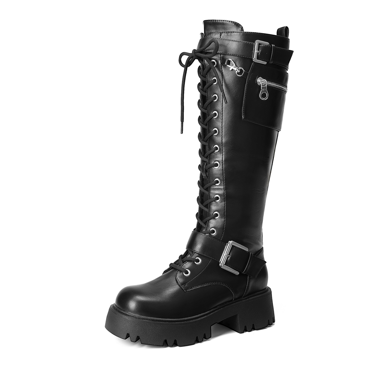 Women Combat Riding Platform Knee High Boots Lace Up Motorcycle Boot