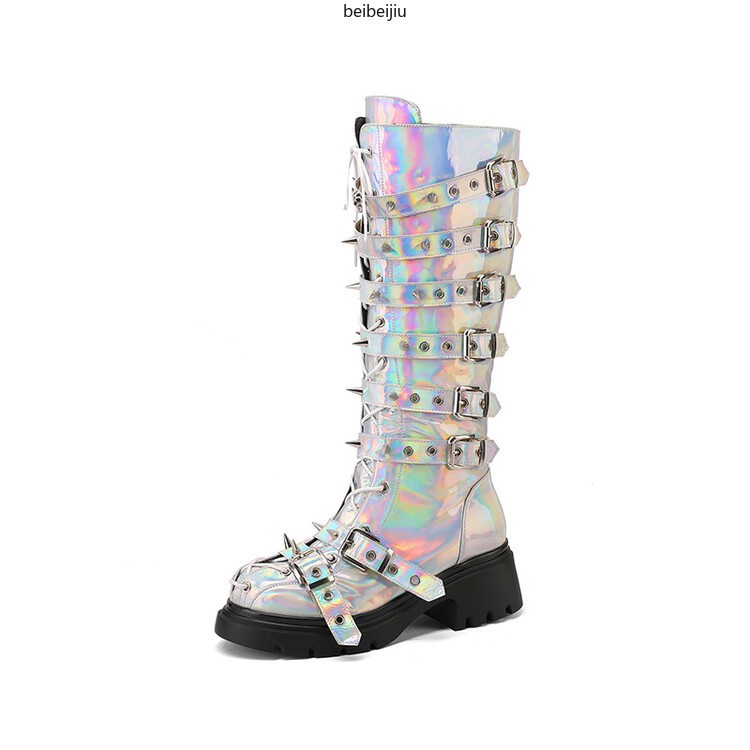 Women’s Punk Cosplay Mid Calf Boots Spike Studded Mid Block Heel Buckle Shoes Sz