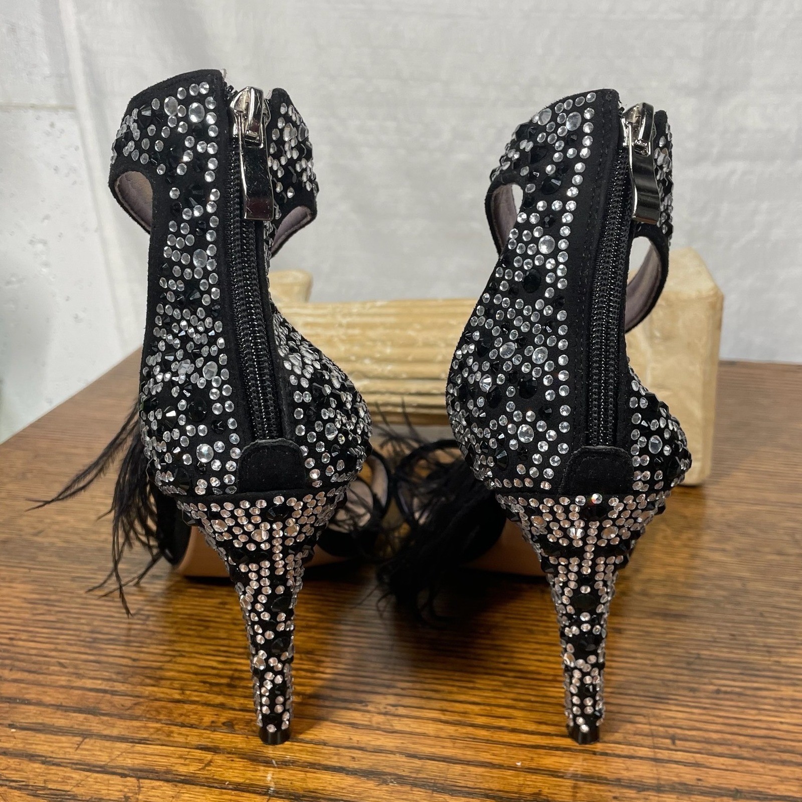 Unbranded Black Rhinestone Stiletto Feather Tassel Ankle Strap Sandals Size 9