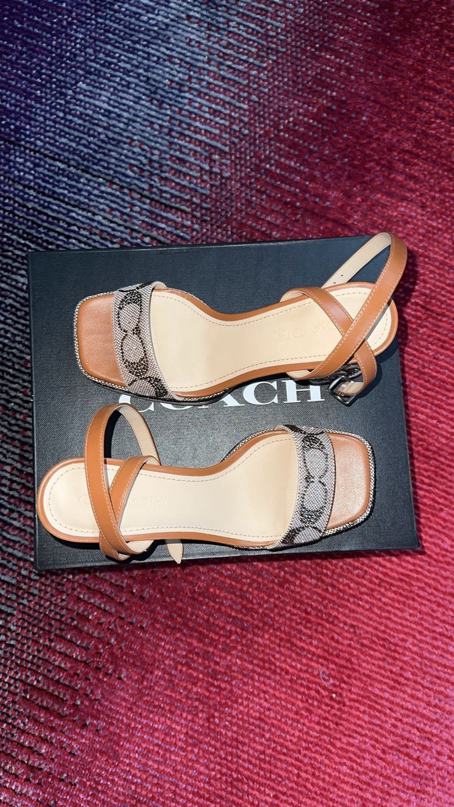 Coach Signature Logo Strappy Sandals Brown/Beige with Adjustable Buckle Strap