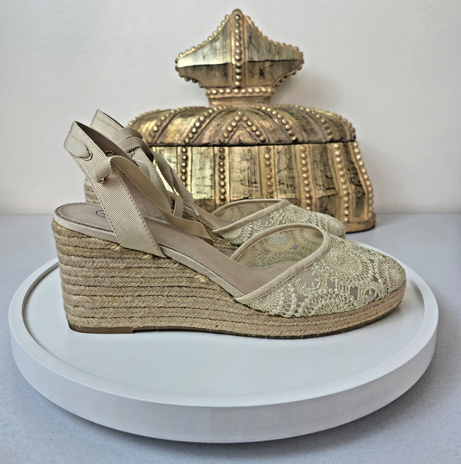 ADRIANNA PAPELL «Penny» Ivory Lace Espadrilles Wedge Natural Barcelona Mesh Sz 9
