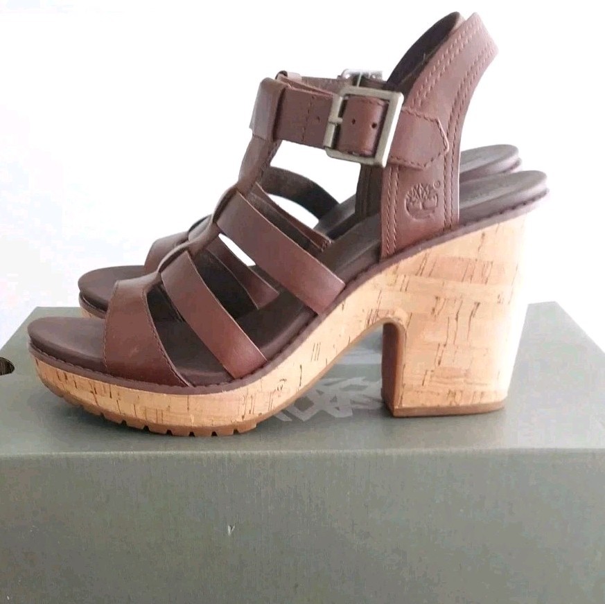 Timberland Roslyn Fisherman Sz 10 Brown Cork Platform Chunky Block Heel Sandals