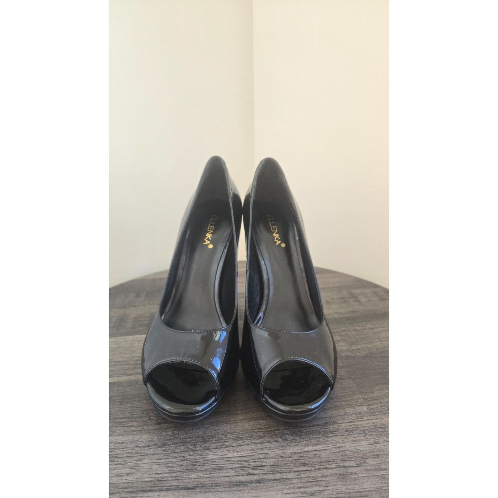 ELLENKA Black Patent Leather Look Peep Toe Stiletto Pumps Platform Size 38