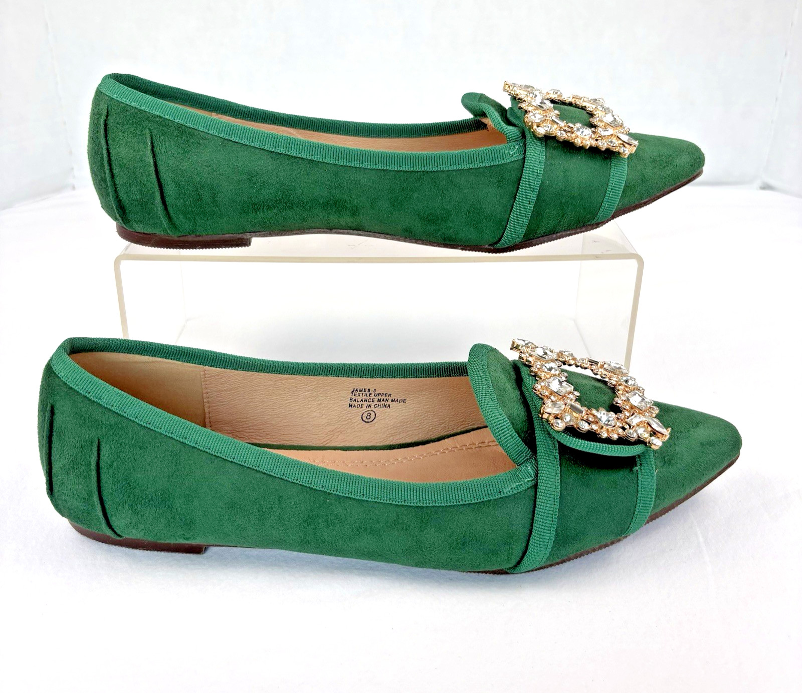 CHASE+CHLOE Kelly Green «James» Point Toe Flats Faux Suede Diamond Buckle Size 8