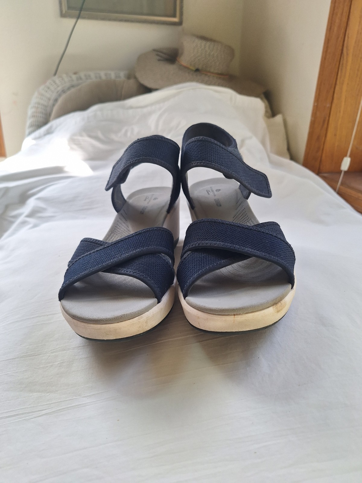 Clarks Cloudstepper Cushion Sandal Womens9.5M Blue Fabric Rip Tape Straps 2.5in