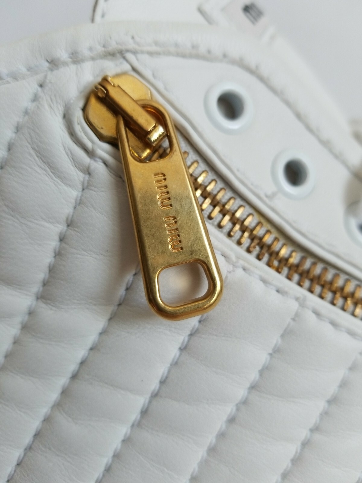 MIU MIU HIGH TOP WHITE QUILTED GOLD LOGO ZIPPER SNEAKERS 38.5 39 I LOVE SHOES