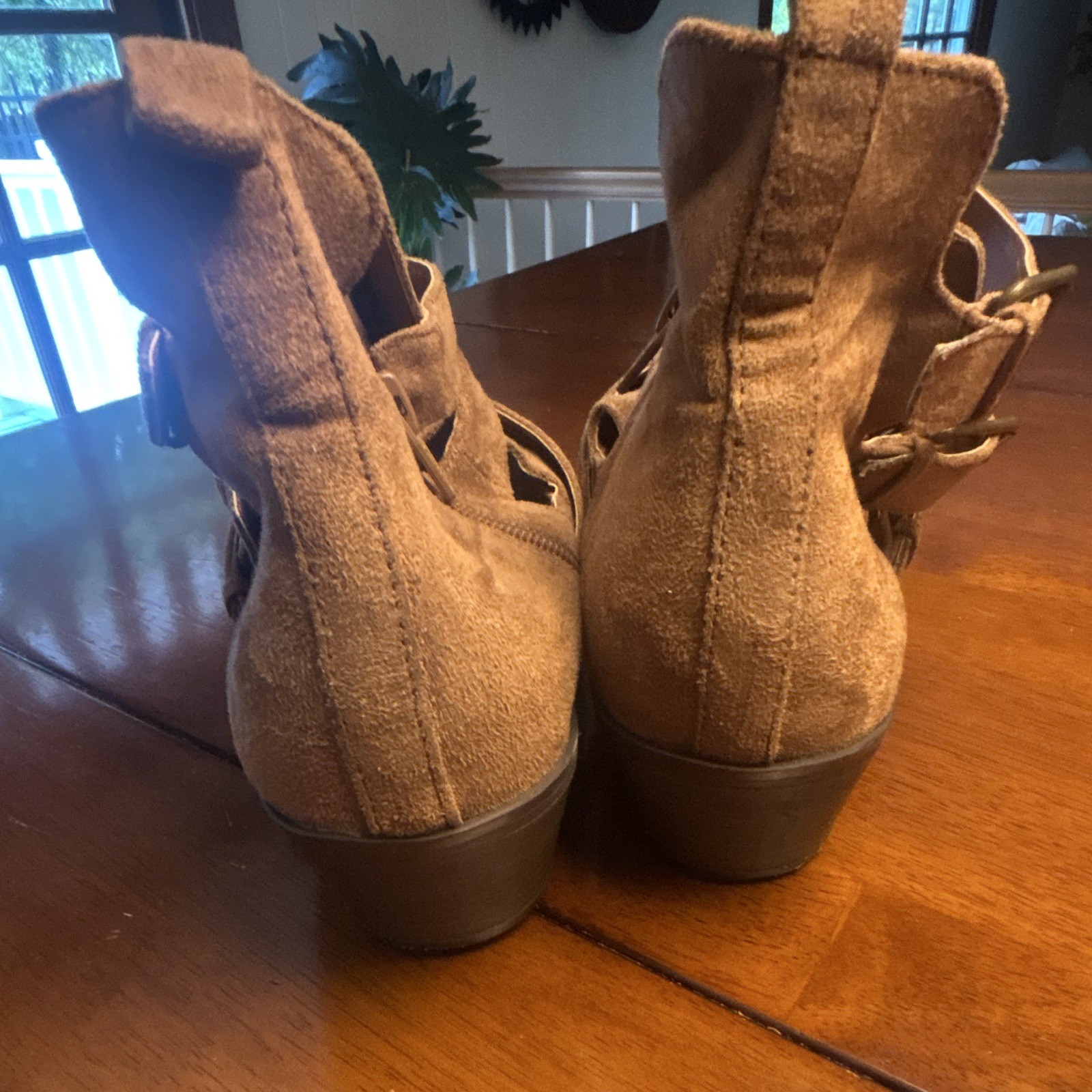Women’s Brown Suede Cut-Out Ankle Booties Buckle Straps Side Zip US 11