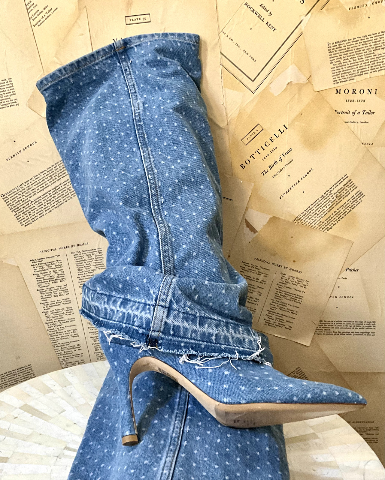 Anthropologie Custommade Anie Dotted Denim Boot Stiletto Heel Pointy 40/9 NEW