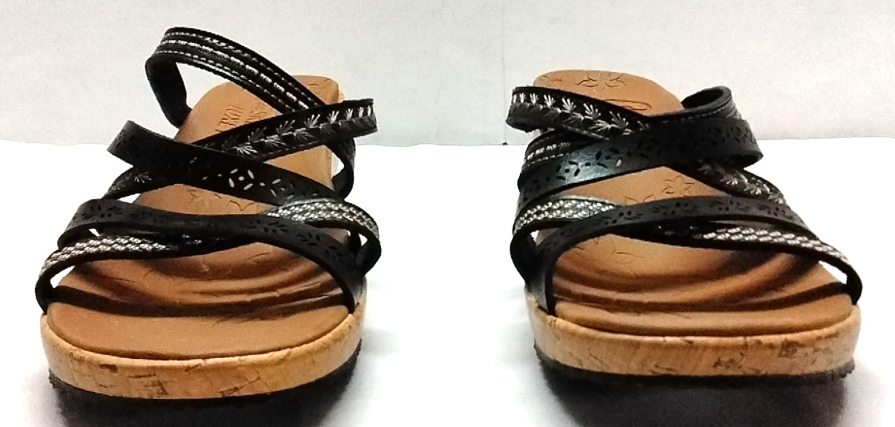 Women’s 10 M CALI From SKECHERS Black Strappy Sandals Luxe Foam Cork Wedge 31714