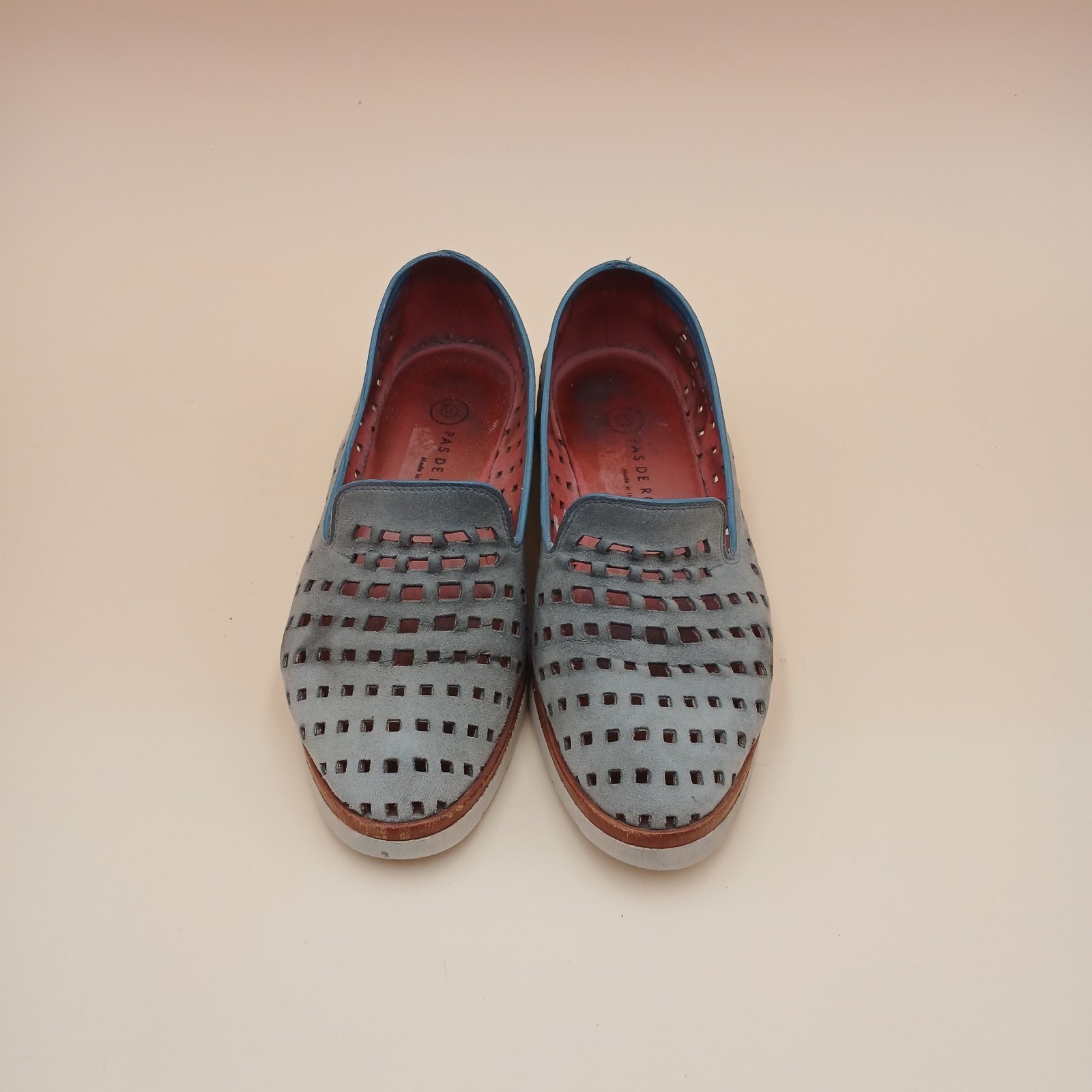 Navy Blue Suede PAS DE ROUGE Loafer Square Cut Outs 7.5 Eu 38