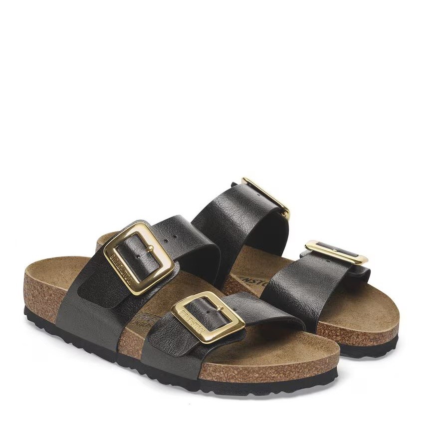 BIRKENSTOCK SYDNEY CUSHION LUXE BUCKLE LICORICE MEDIUM/NARROW WIDTH DOUBLE STRAP