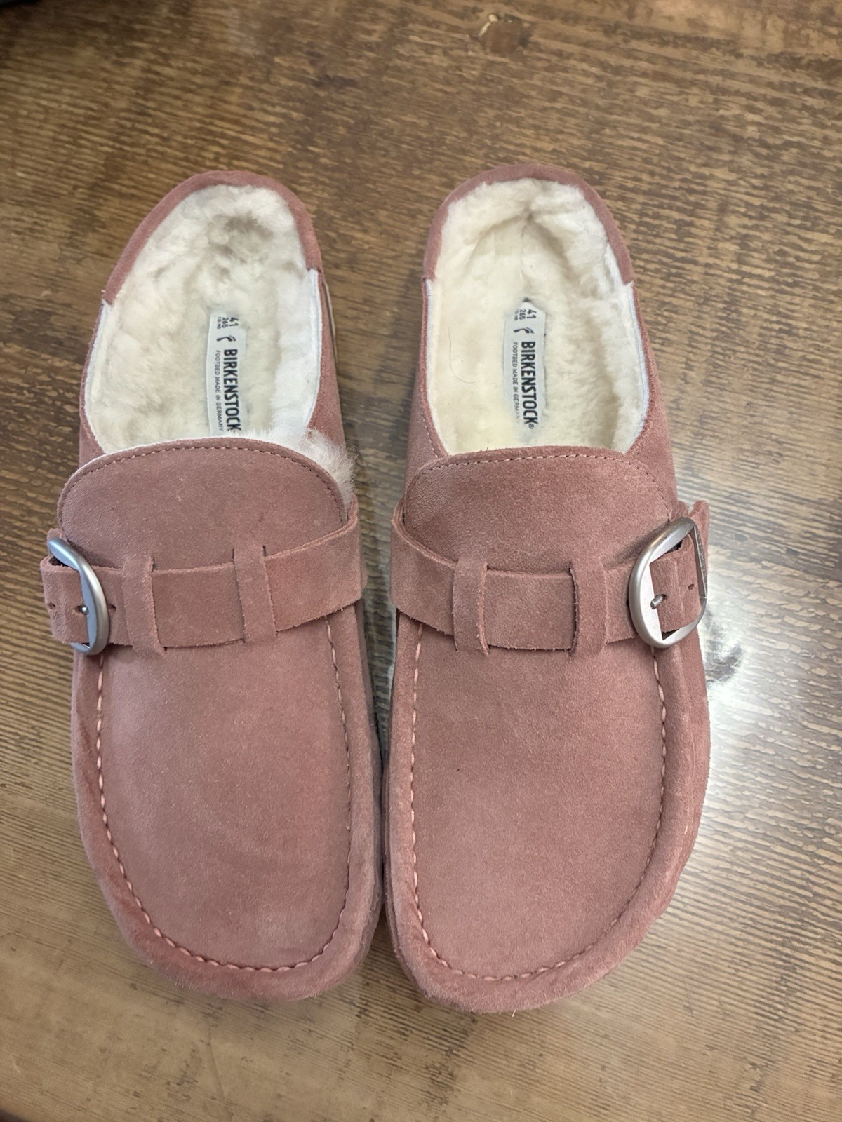 Birkenstock Buckley Shearling moccasin clogs in pink clay suede leather Size 41