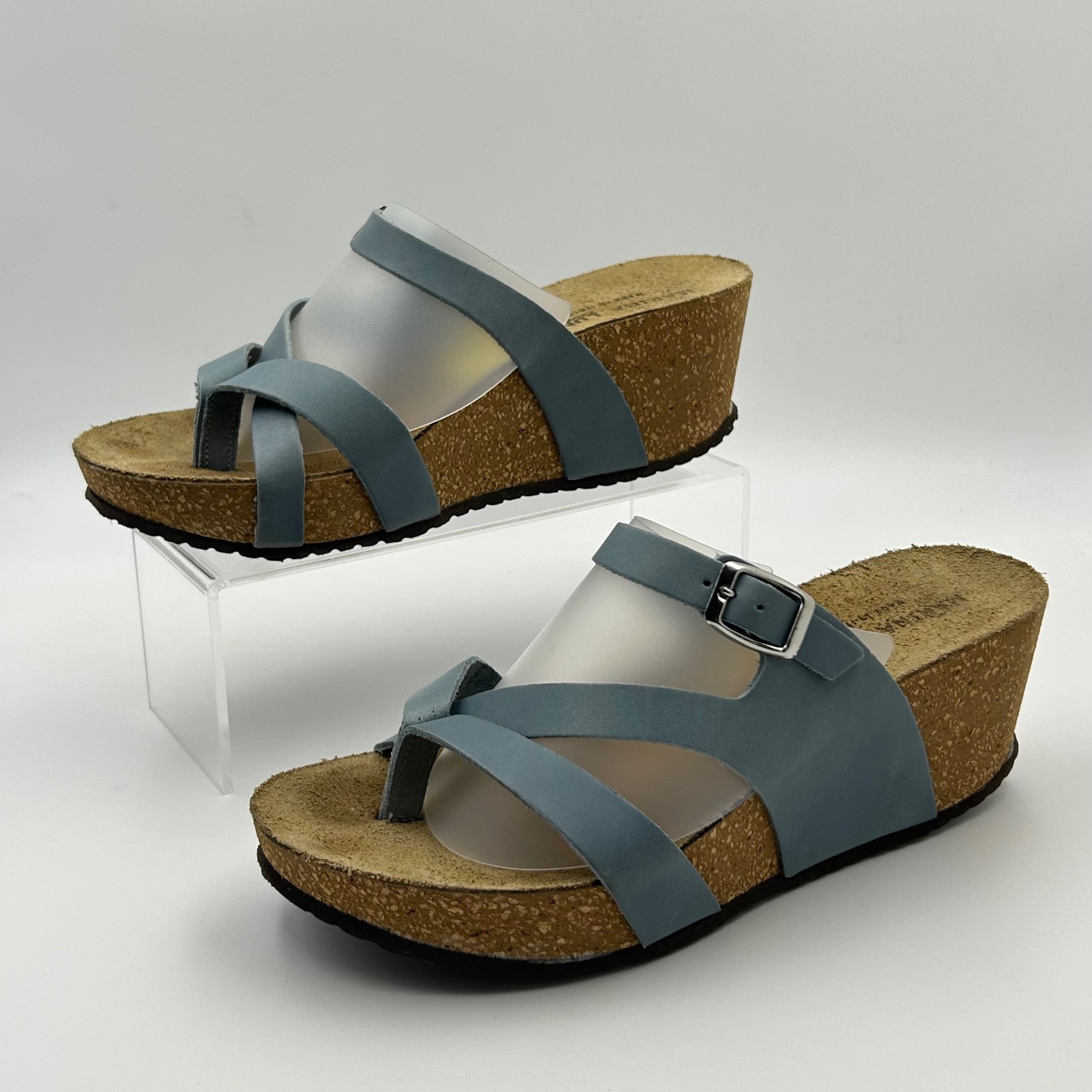 Marina Luna Comfort Sandals Women 9 Blue Leather Cork Wedge Slides Italy Boho