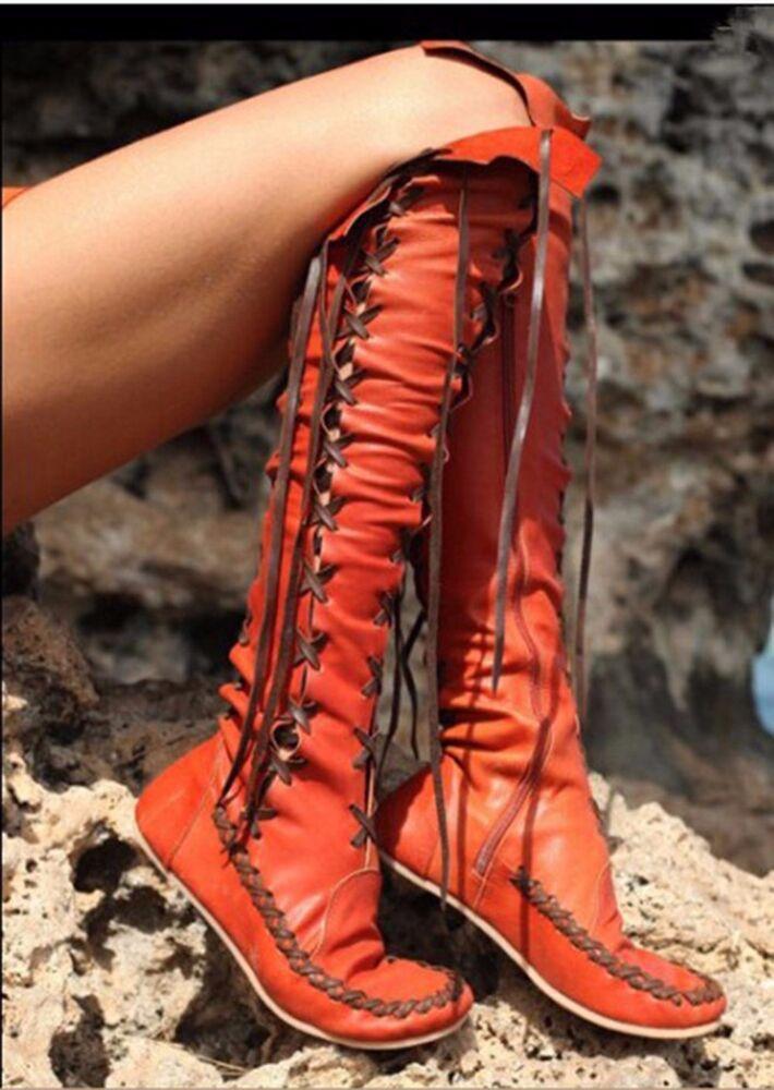 Roma Womens Leather Lace Up Over The Knee High Boots Vintage Moccasins shoes