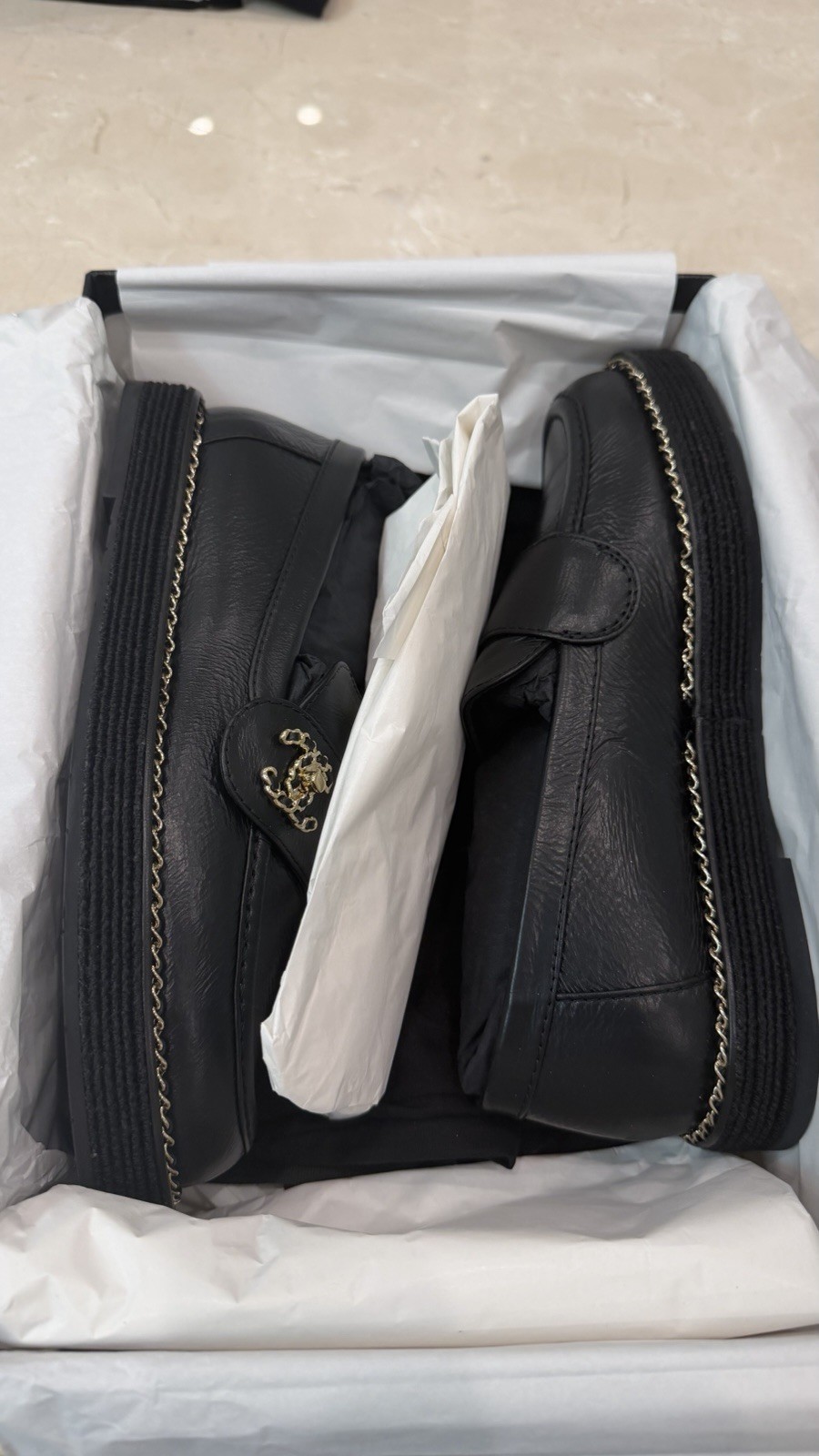 CHANEL Loafers In Black leather W/ Gold Chain Accents; Size 36