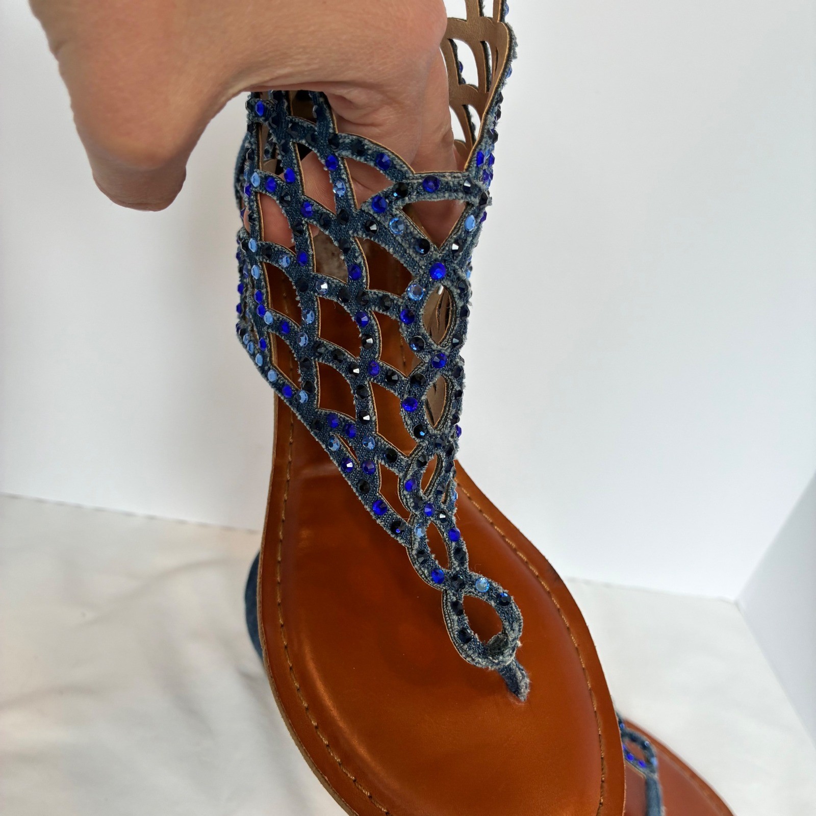 Zigi Soho Blue Denim Rhinestone Sandal Caged Gladiator Thong Boho Festival Y2K