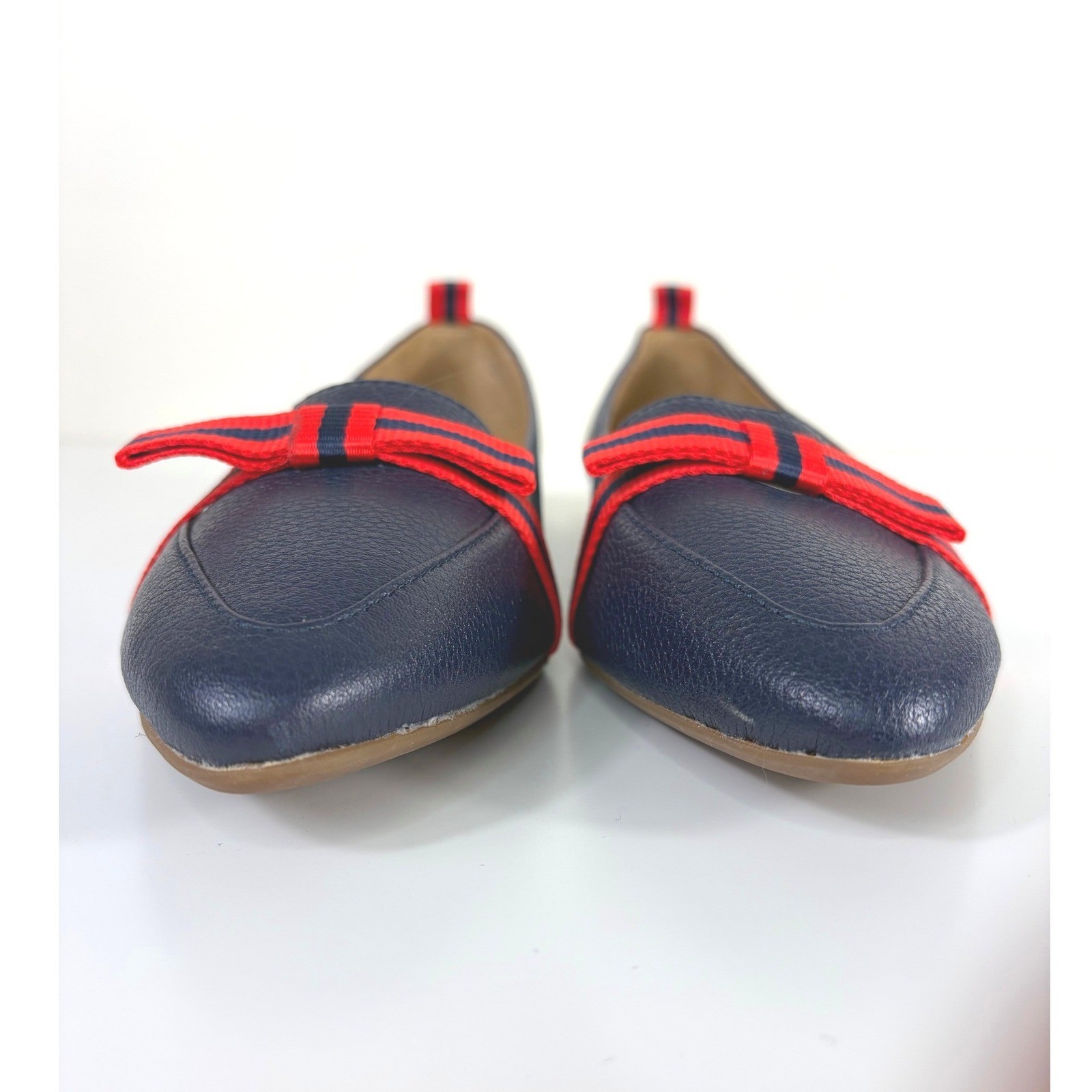 Talbots Francesca Driving Moccasin Grosgrain Bow Navy Red Size 7.5 AA NWOT Prep