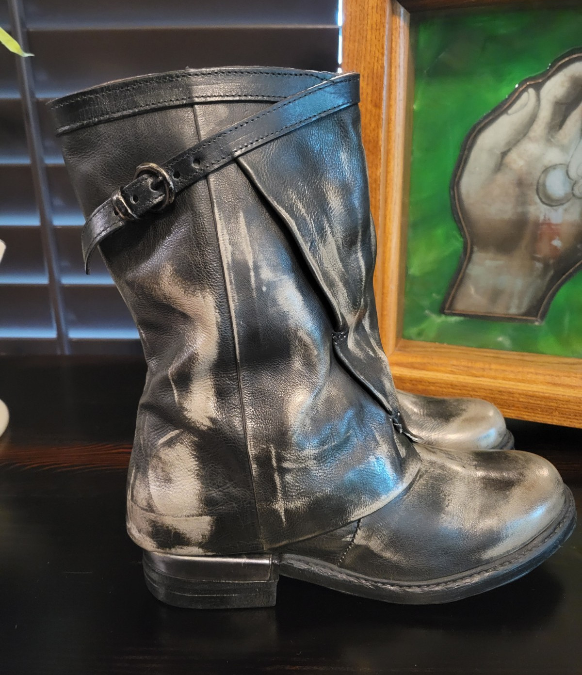 A.S.98 Arthur Distressed Black/Gray Leather Mid-Calf Biker Boots US 9 EU 39