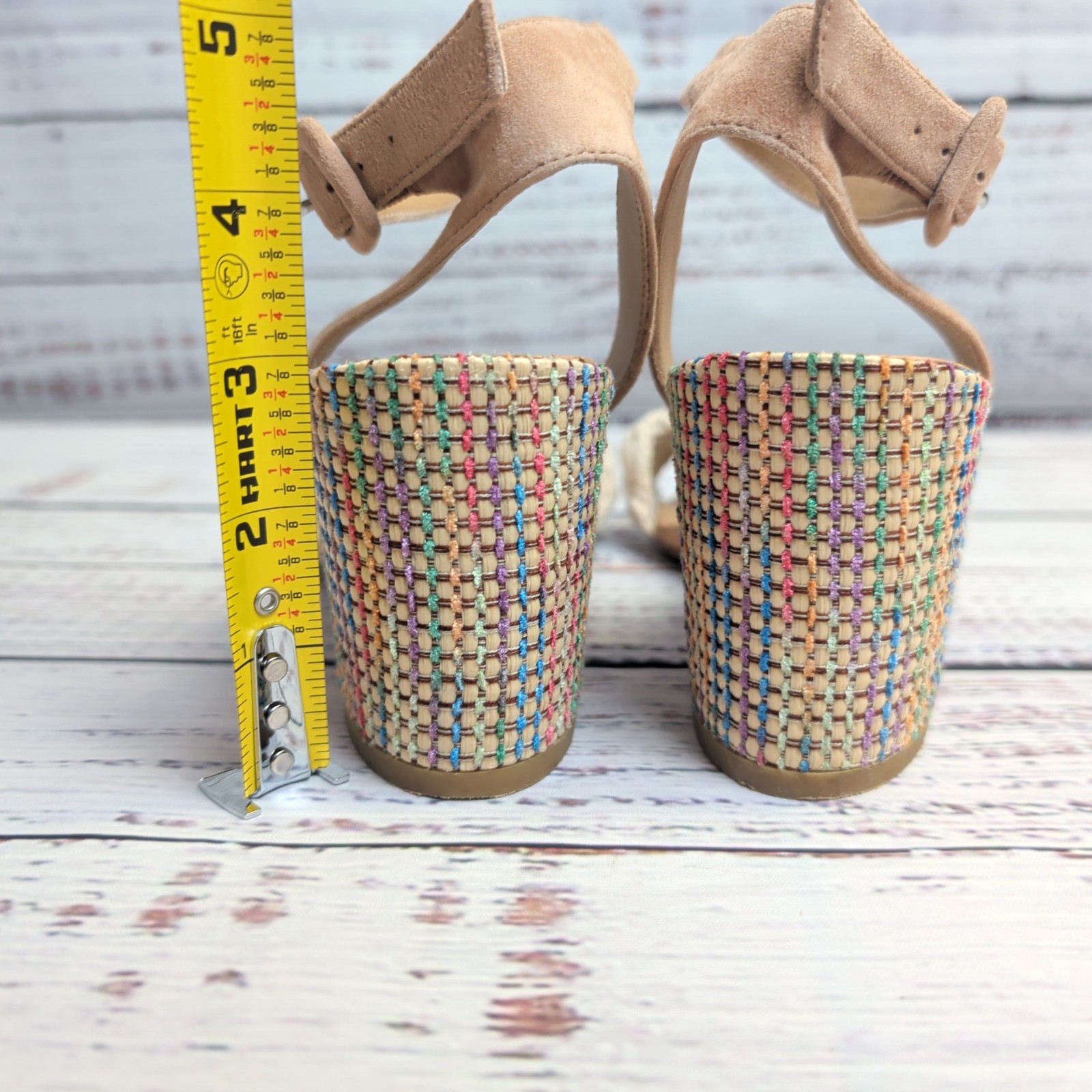 Johnny Was Women’s Braid Block Heel Multicolor Sandals Beige Suede Upper Size 8