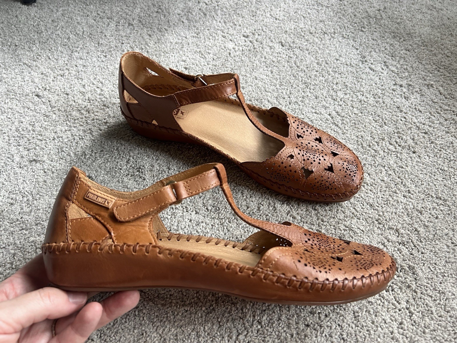 New Pikolinos Women’s Size 42 P. Vallarta Punched Leather T-Strap Sandal Brandy