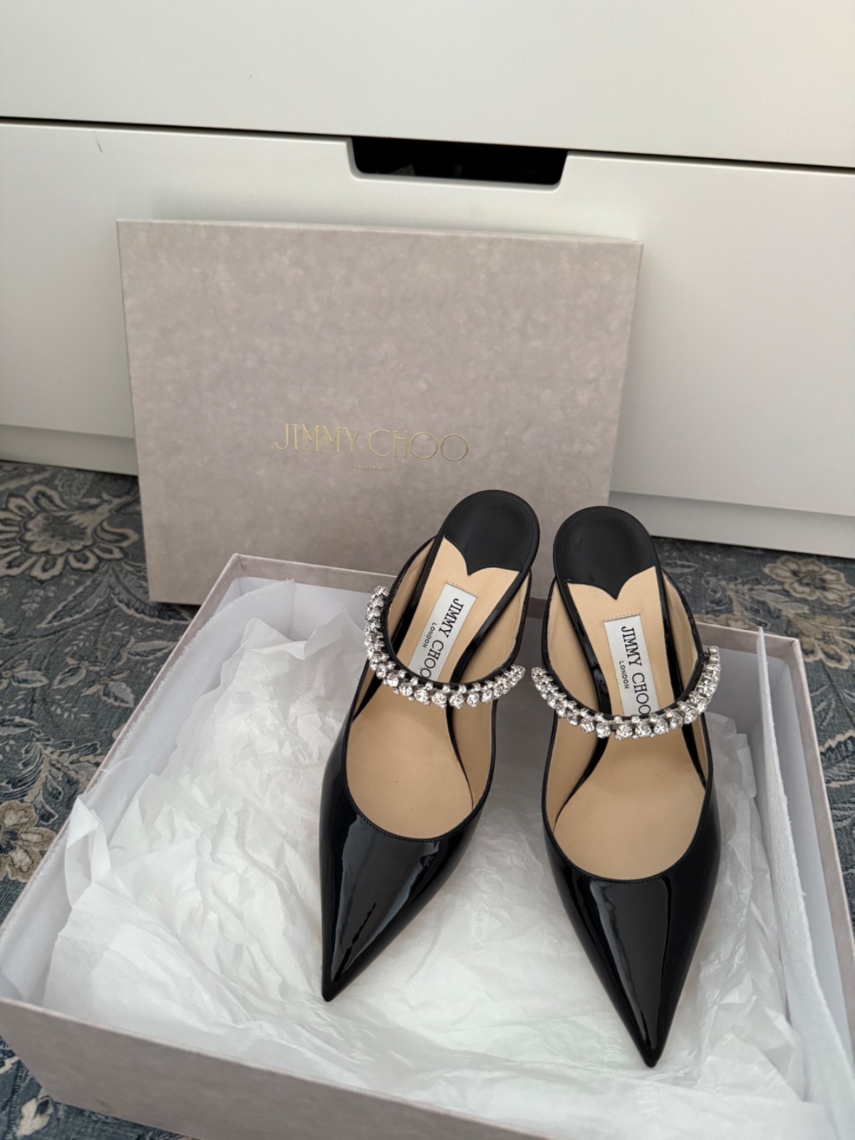 Jimmy Choo Bing 100 Black Patent Leather Heels with Crystal Strap in size 38.5