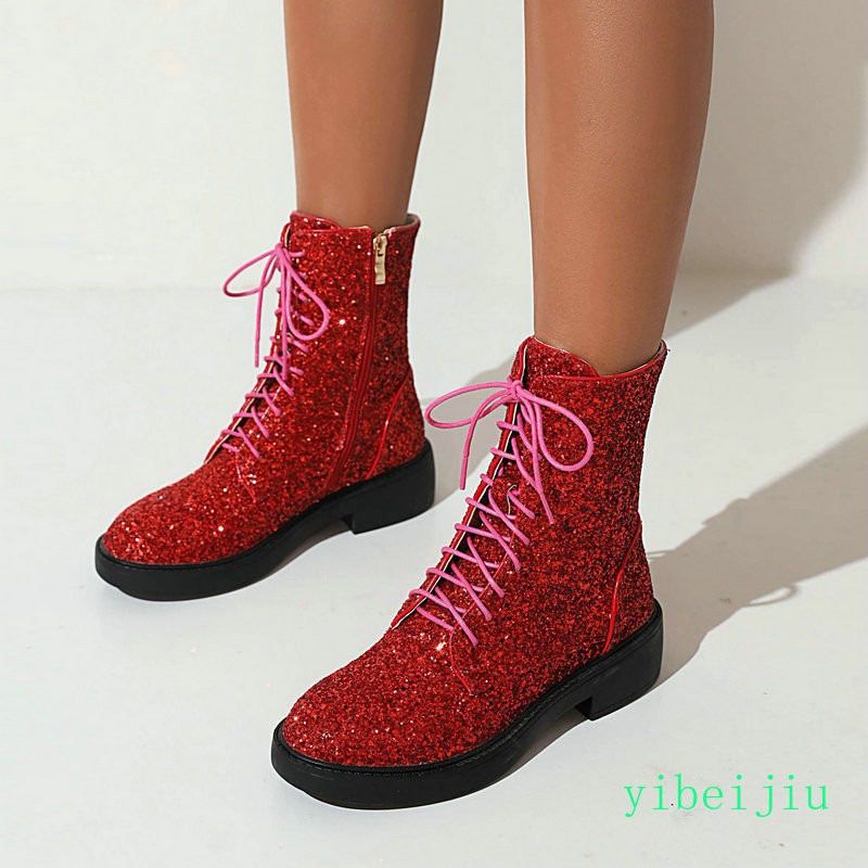 Women’s Glitter Sequins Ankle Boots Lace Up Performance Cosplay Shoes Plus Size