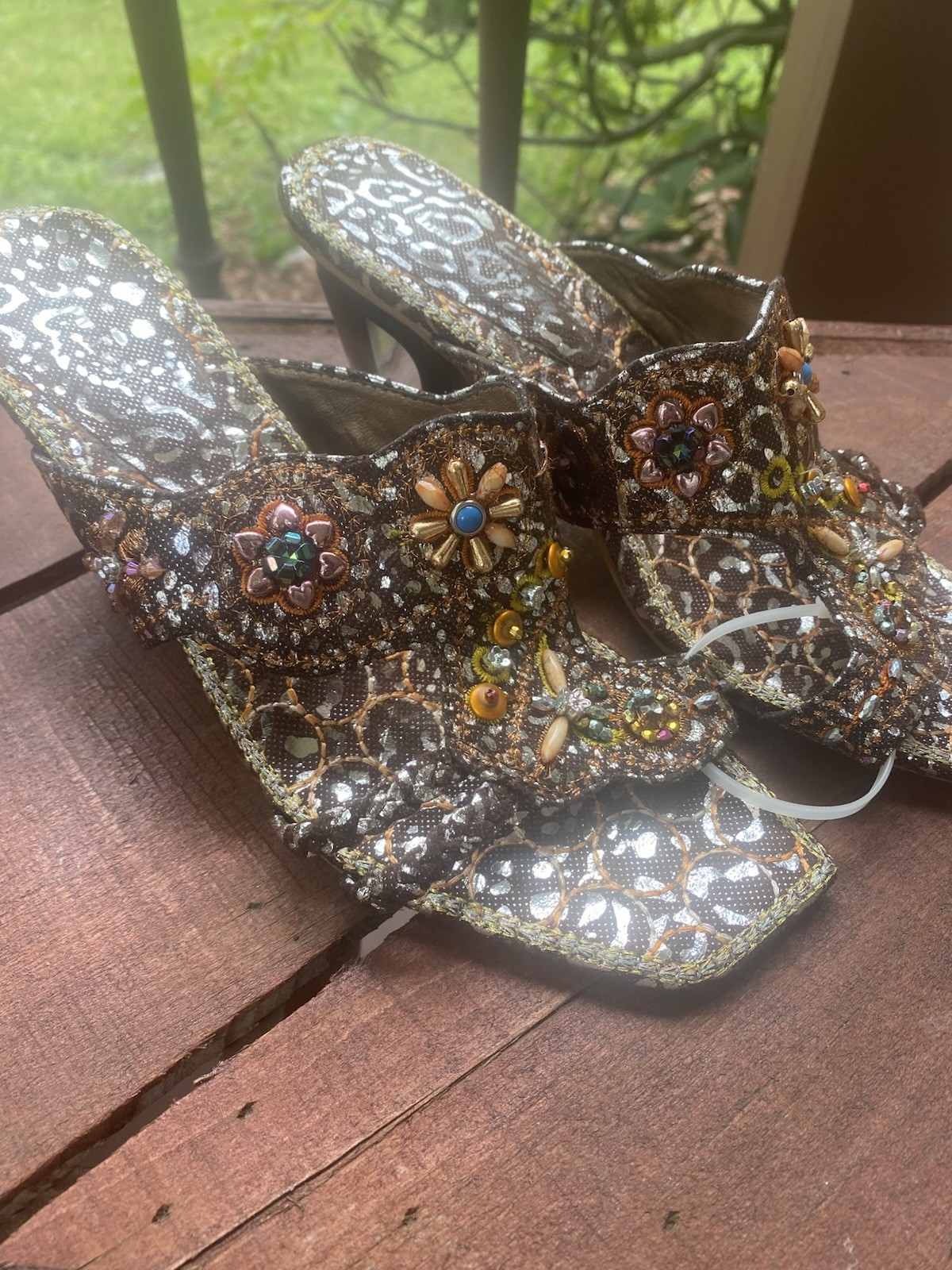 Women’s Brown/Gold Animal Print Slide Sandals Beaded Sequin Slip-On Size 7