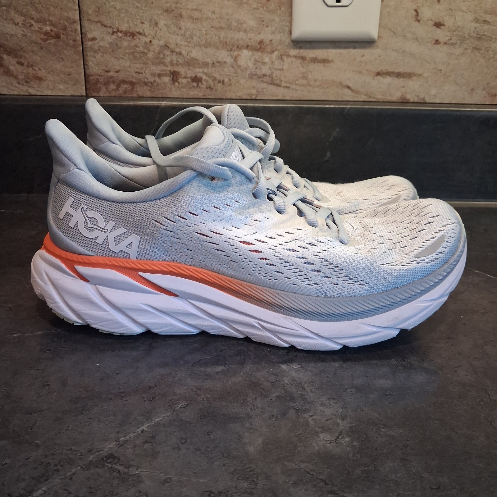 HOKA Clifton 8 Women’s Mesh Lace-Up Low Top Sneakers Gray/White/Orange 1119394