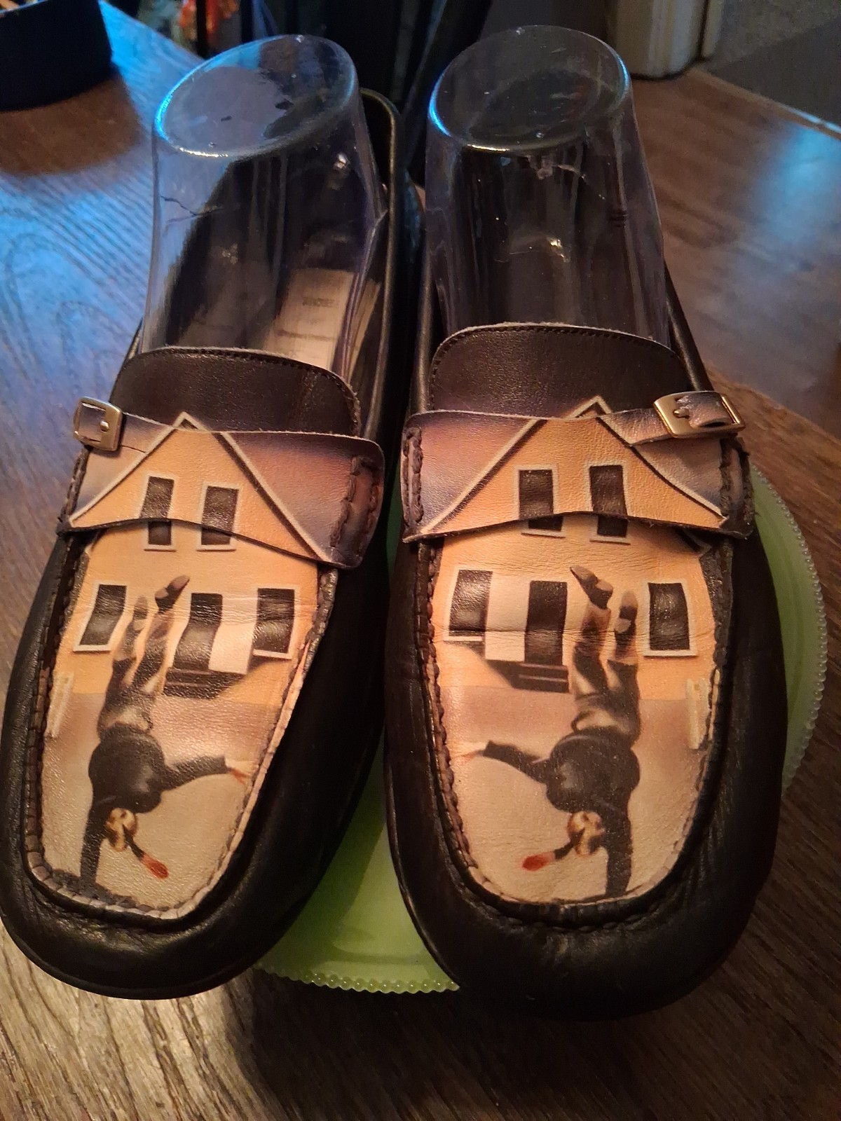 Icon Shoes Wearable Art Black Buckle Loafer Girl Doing Cartwheel Painted Size 9