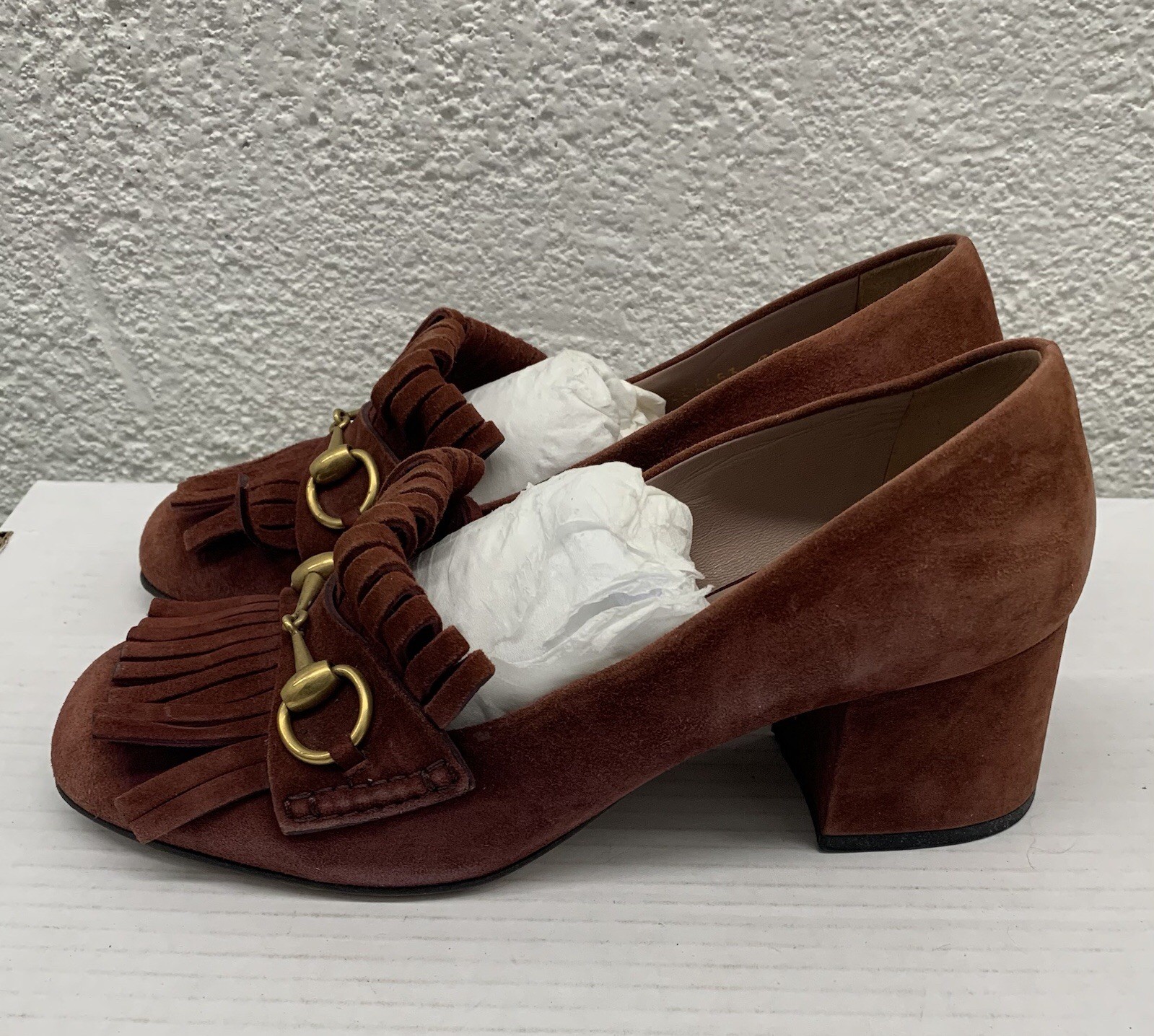 Authentic Gucci Beige Marmont Suede Brown Loafer Heels Pumps 38 EU 8 US BB20