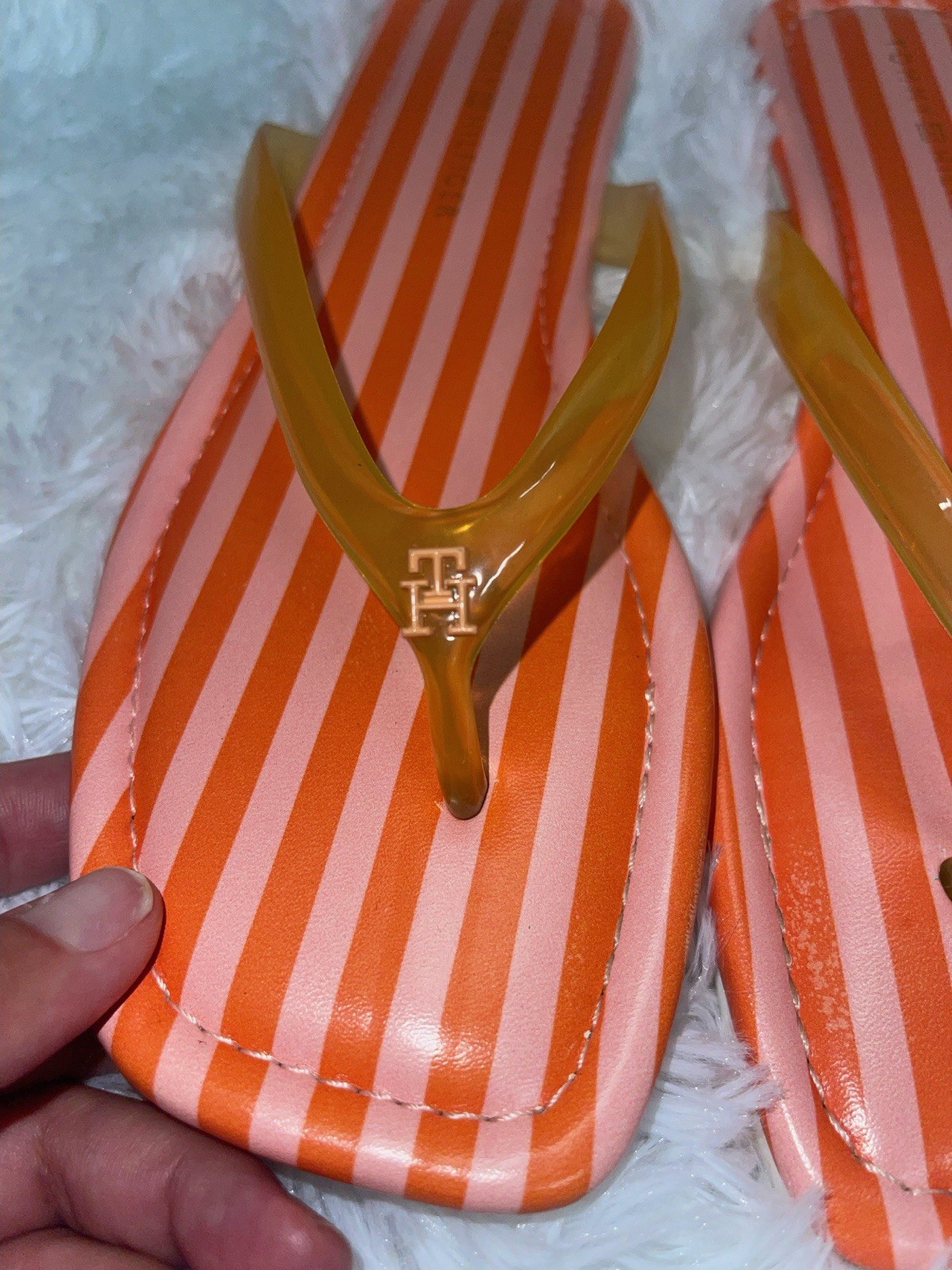 Tommy Hilfiger Women’s Striped Thong Slip-On Sandals Orange/White 8.5 M PU