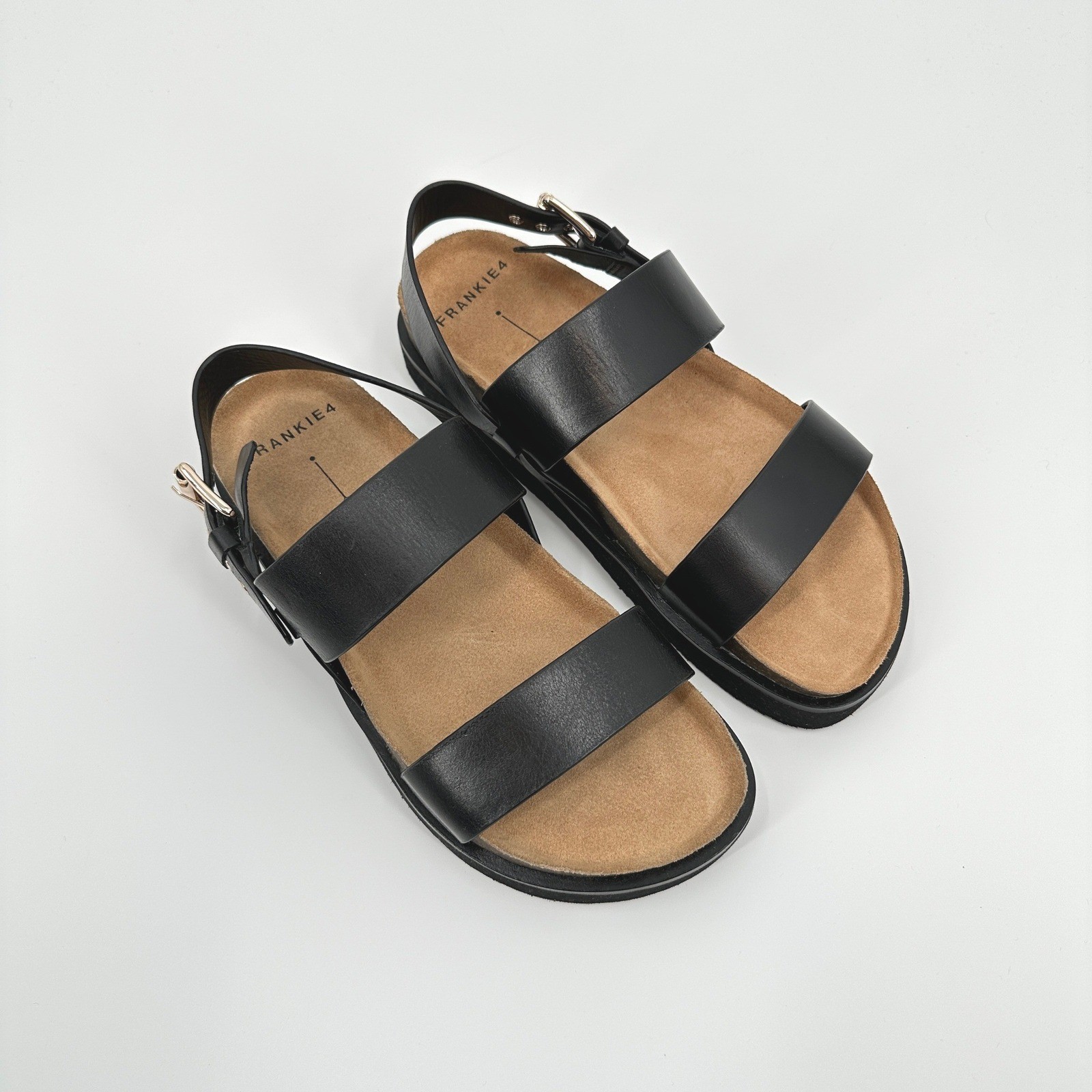 Frankie4 Hunter Black Leather Platform Sandals Womens 7 Cork Footbed NWOB