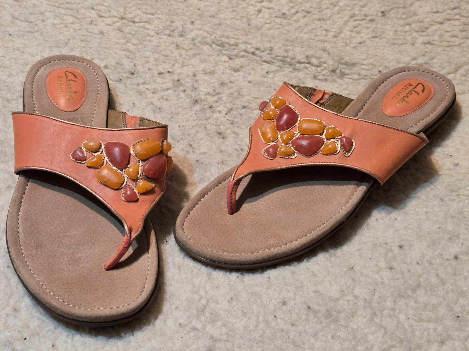 Clarks Artisan Jewel Beaded Leather Wedge Thong Sandals Size 11 M Orange Salmon