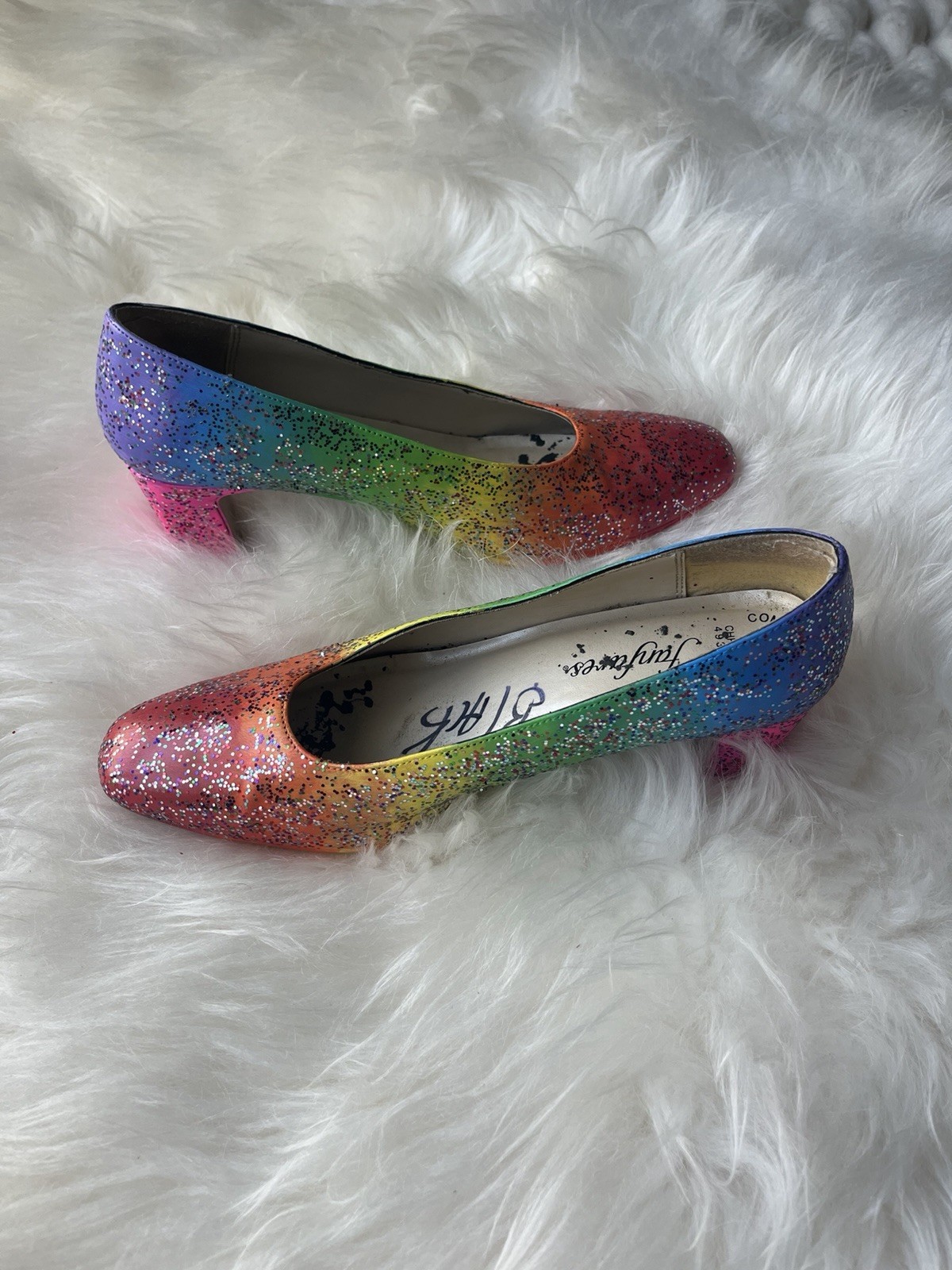 Upcycled Painted And Bedazzled Neon Rainbow Gradient Glitter Block Heels