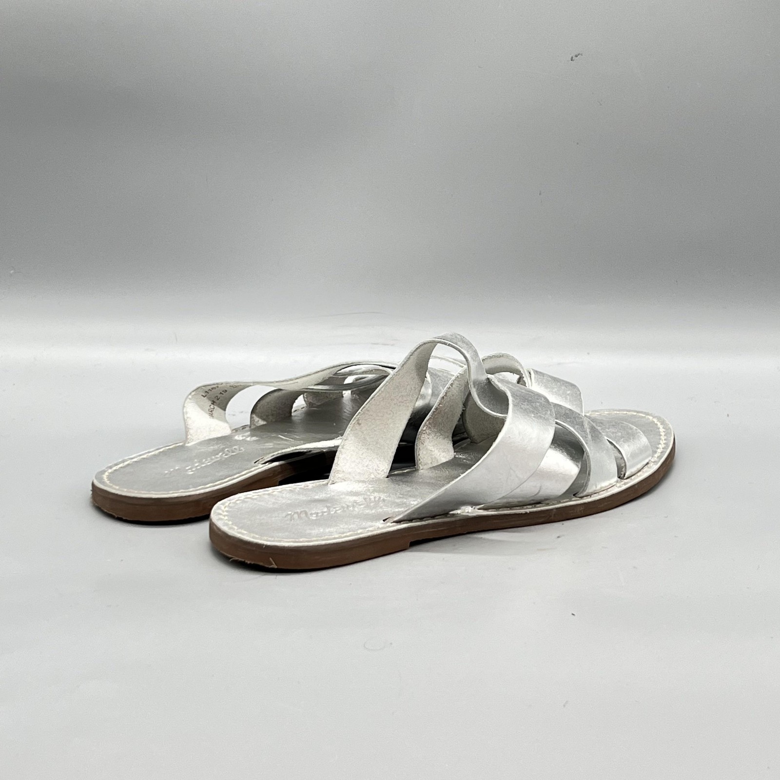 Madewell Sandals Women 9 Silver Leather Boardwalk Woven Strappy Slide Flat Shoes