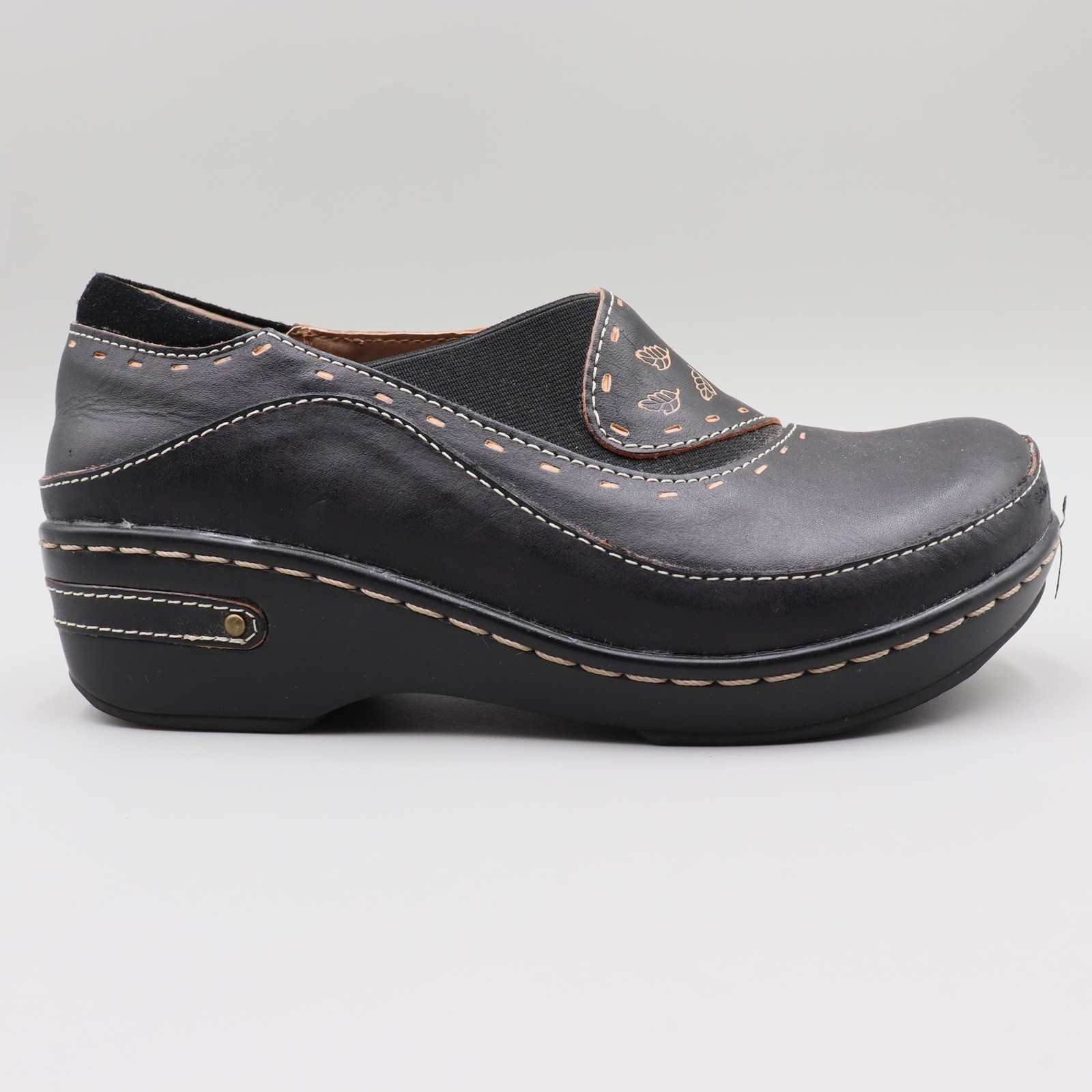 Spring Step L’ Artiste Burbank Black Leather Floral Clog Wedge Shoes US 6.5-7